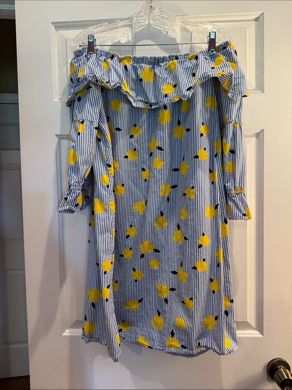 crown & ivy Blue and Yellow Off-Shoulder Stripe Floral Dress - Picture 3 of 4